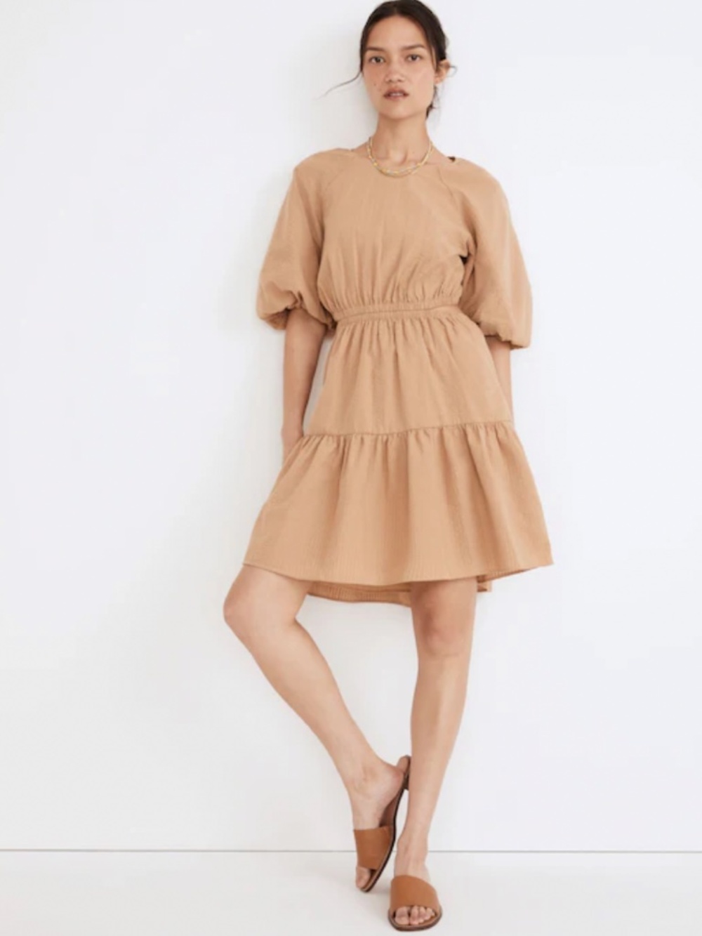Madewell seersucker puff sleeve cut out midi dress